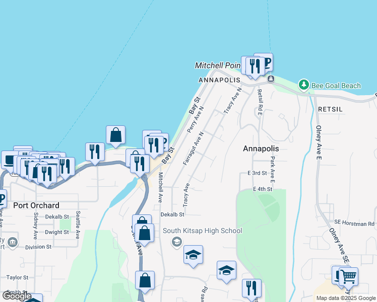 map of restaurants, bars, coffee shops, grocery stores, and more near 305 Perry Avenue North in Port Orchard