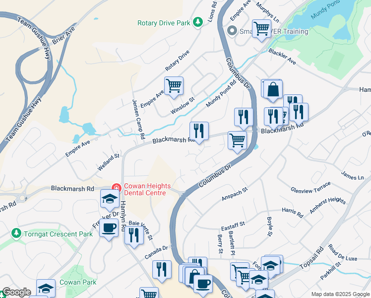 map of restaurants, bars, coffee shops, grocery stores, and more near 8 Pinellas Court in St. John's