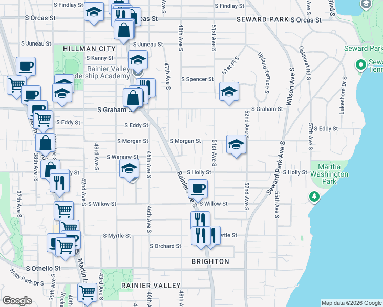 map of restaurants, bars, coffee shops, grocery stores, and more near 6506 48th Avenue South in Seattle