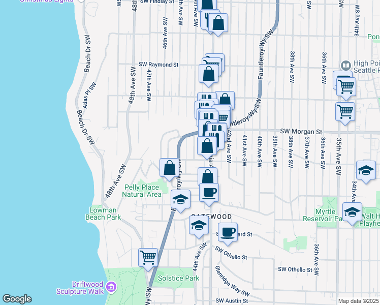 map of restaurants, bars, coffee shops, grocery stores, and more near 6612 Fauntleroy Way Southwest in Seattle