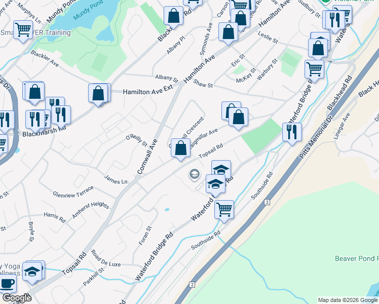 map of restaurants, bars, coffee shops, grocery stores, and more near 135 Craigmillar Avenue in St. John's