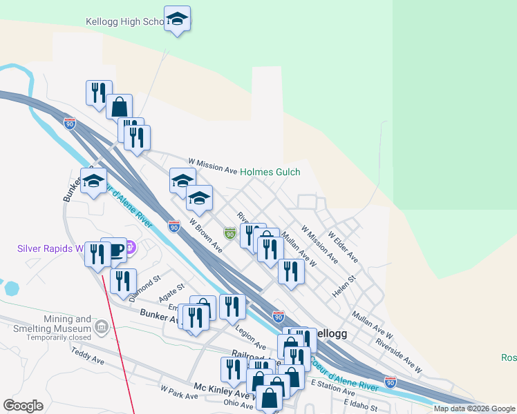 map of restaurants, bars, coffee shops, grocery stores, and more near 414 Mullan Avenue West in Kellogg