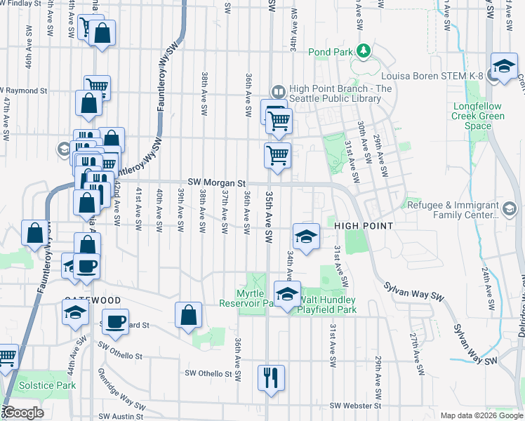 map of restaurants, bars, coffee shops, grocery stores, and more near 6537 35th Avenue Southwest in Seattle