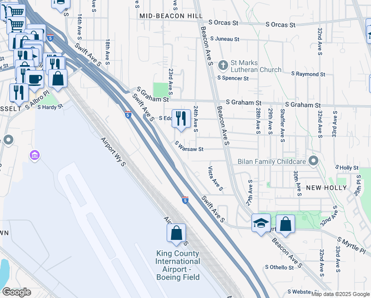 map of restaurants, bars, coffee shops, grocery stores, and more near 6511 24th Avenue South in Seattle
