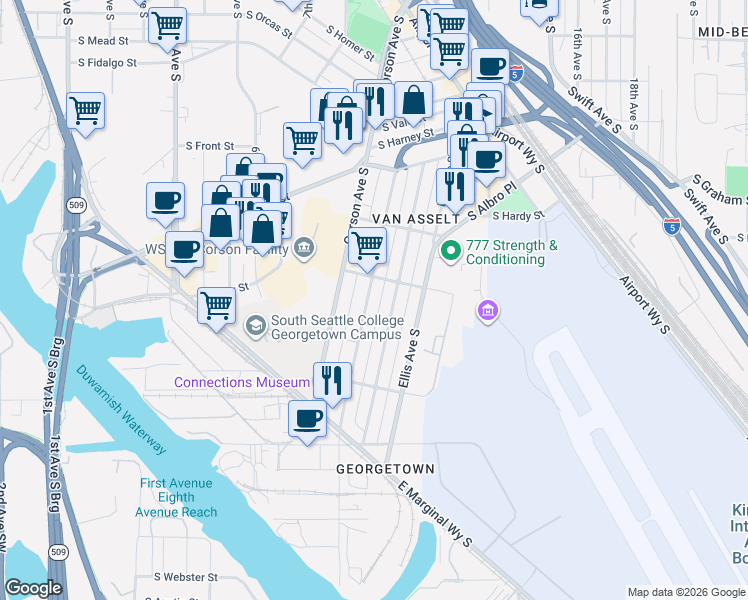 map of restaurants, bars, coffee shops, grocery stores, and more near 6603 Flora Avenue South in Seattle