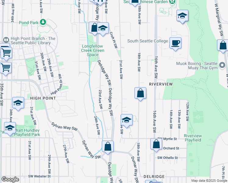 map of restaurants, bars, coffee shops, grocery stores, and more near 6512 Delridge Way Southwest in Seattle