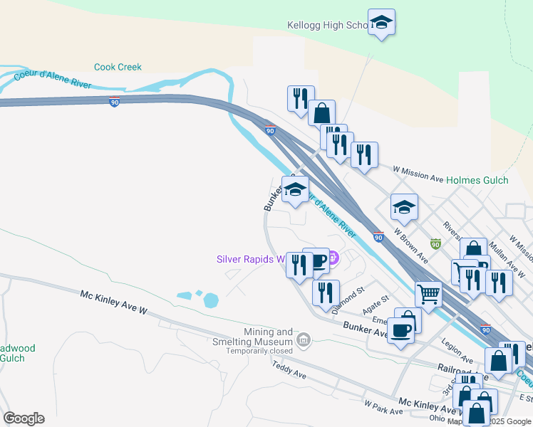 map of restaurants, bars, coffee shops, grocery stores, and more near 800 Bunker Avenue in Kellogg