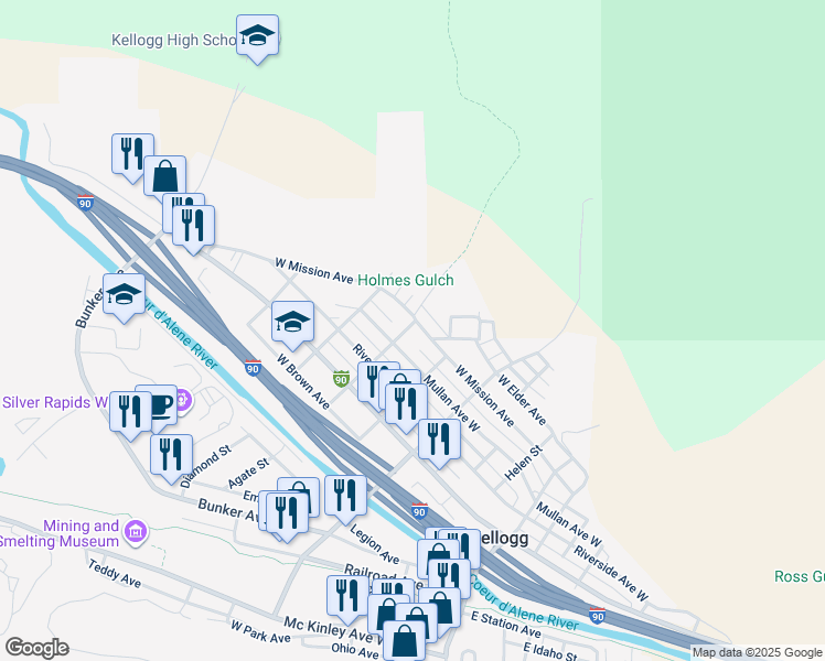 map of restaurants, bars, coffee shops, grocery stores, and more near 324 Mission Avenue in Kellogg