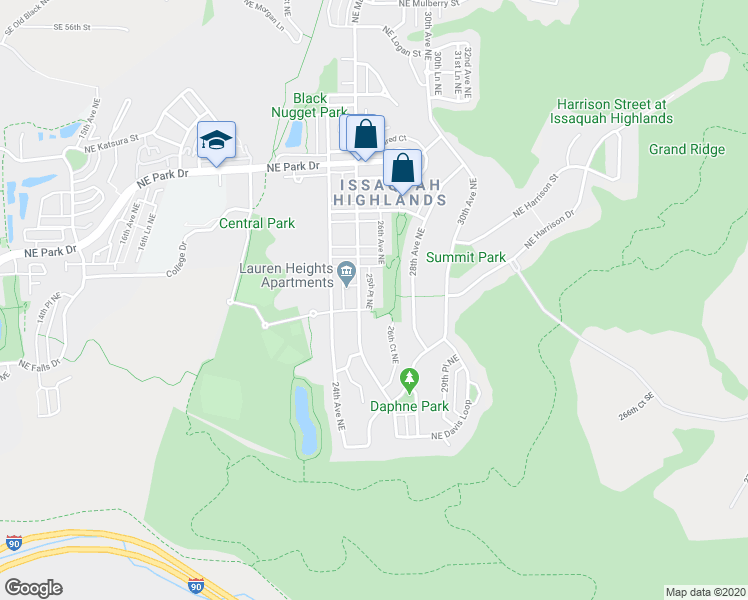 map of restaurants, bars, coffee shops, grocery stores, and more near 1672 25th Place Northeast in Issaquah