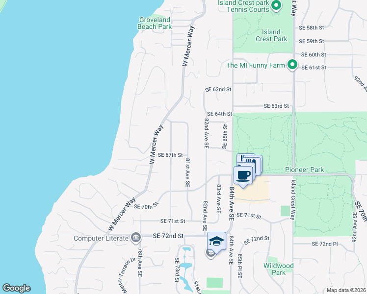 map of restaurants, bars, coffee shops, grocery stores, and more near 6536 80th Avenue Southeast in Mercer Island