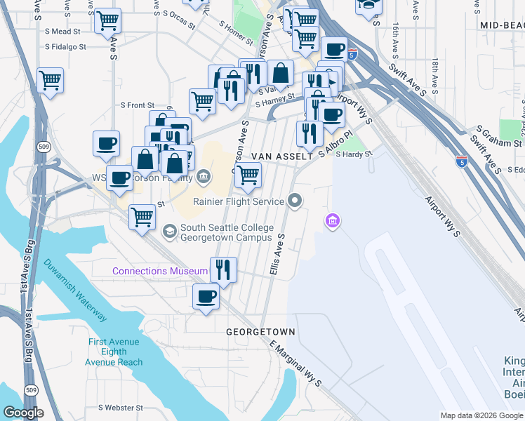 map of restaurants, bars, coffee shops, grocery stores, and more near 6603 Flora Avenue South in Seattle