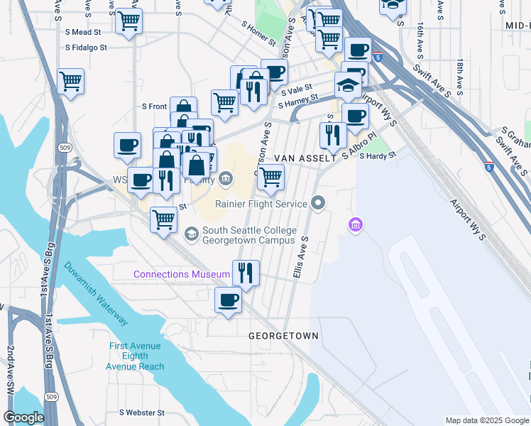 map of restaurants, bars, coffee shops, grocery stores, and more near 6612 Corson Avenue South in Seattle