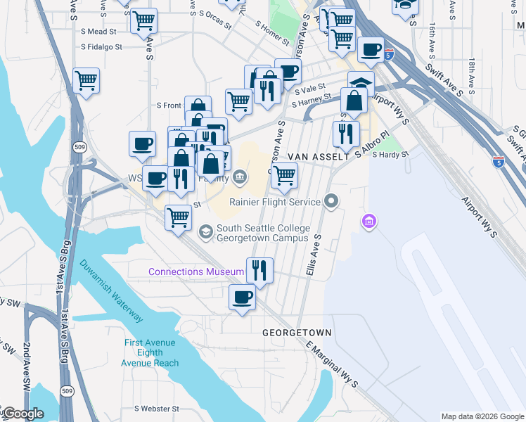 map of restaurants, bars, coffee shops, grocery stores, and more near 6612 Corson Avenue South in Seattle