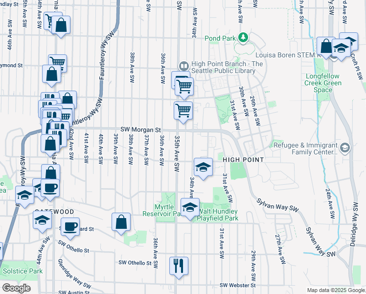 map of restaurants, bars, coffee shops, grocery stores, and more near 6520 35th Avenue Southwest in Seattle