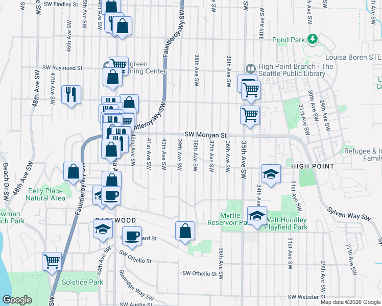 map of restaurants, bars, coffee shops, grocery stores, and more near 6526 38th Avenue Southwest in Seattle