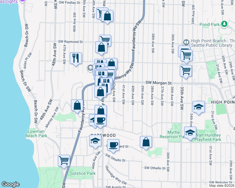map of restaurants, bars, coffee shops, grocery stores, and more near 6527 41st Avenue Southwest in Seattle