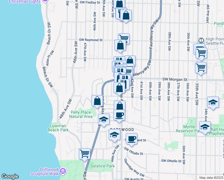 map of restaurants, bars, coffee shops, grocery stores, and more near 6520 44th Avenue Southwest in Seattle