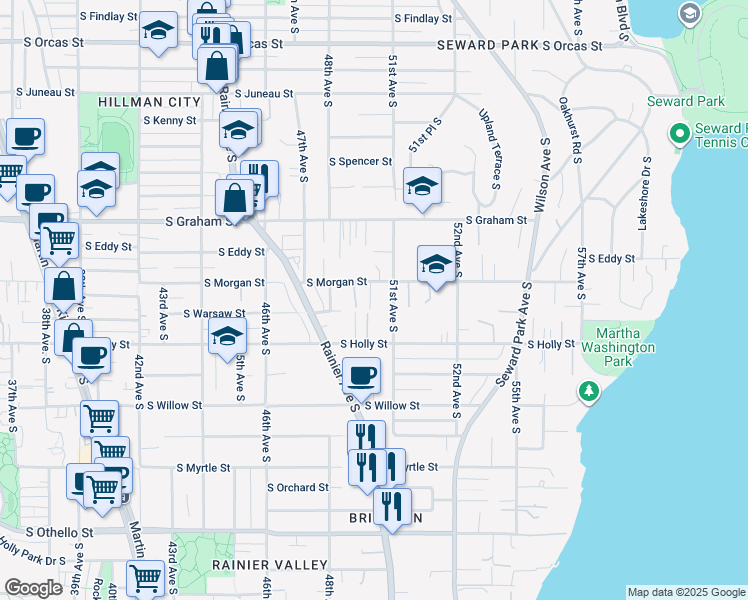 map of restaurants, bars, coffee shops, grocery stores, and more near 4843 South Morgan Street in Seattle