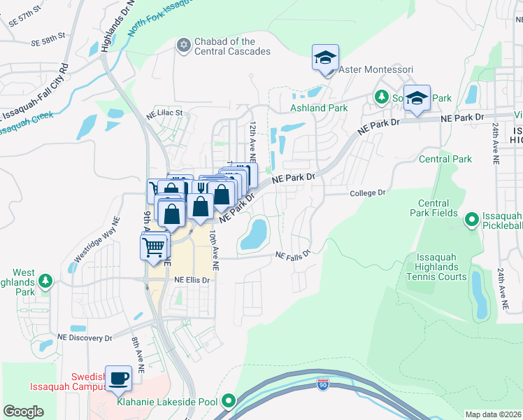 map of restaurants, bars, coffee shops, grocery stores, and more near 1209 Northeast Hickory Lane in Issaquah