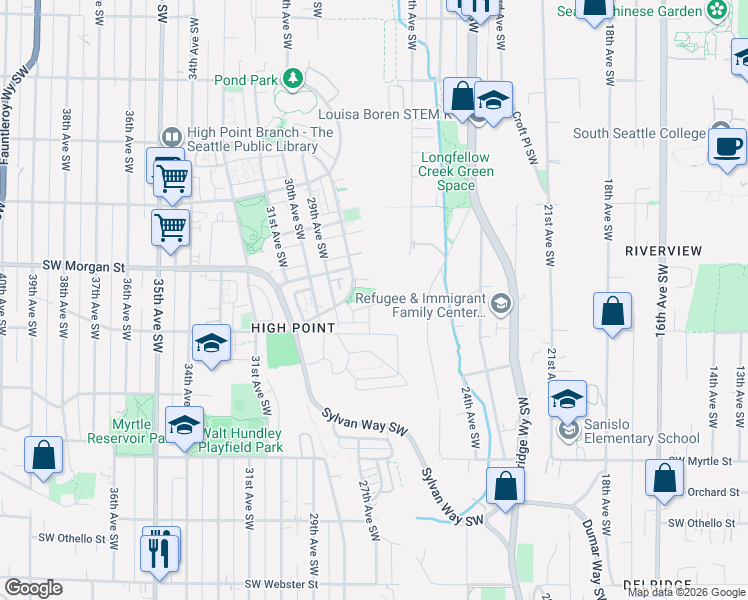 map of restaurants, bars, coffee shops, grocery stores, and more near 6588 High Point Drive Southwest in Seattle