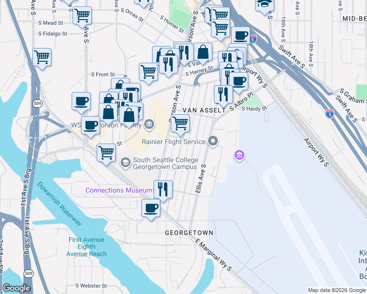 map of restaurants, bars, coffee shops, grocery stores, and more near 6614b Carleton Avenue South in Seattle