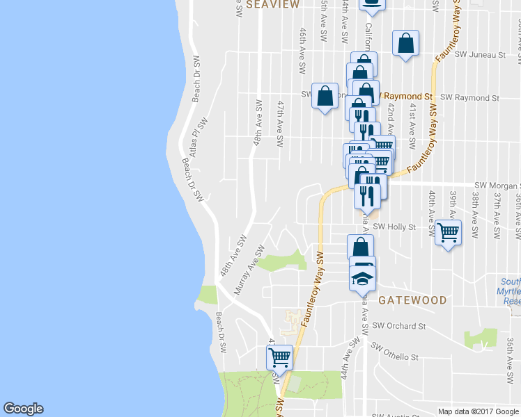 map of restaurants, bars, coffee shops, grocery stores, and more near 6472 48th Avenue Southwest in Seattle