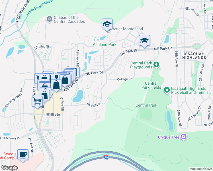 map of restaurants, bars, coffee shops, grocery stores, and more near 1695 14th Place Northeast in Issaquah