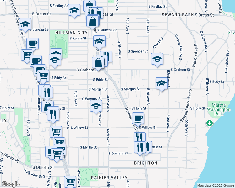 map of restaurants, bars, coffee shops, grocery stores, and more near 6509 Rainier Avenue South in Seattle