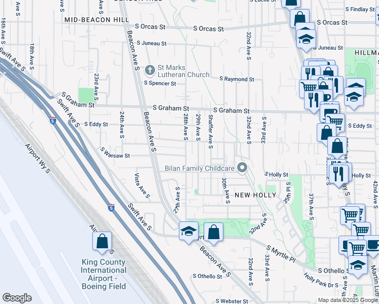 map of restaurants, bars, coffee shops, grocery stores, and more near 6514 28th Avenue South in Seattle