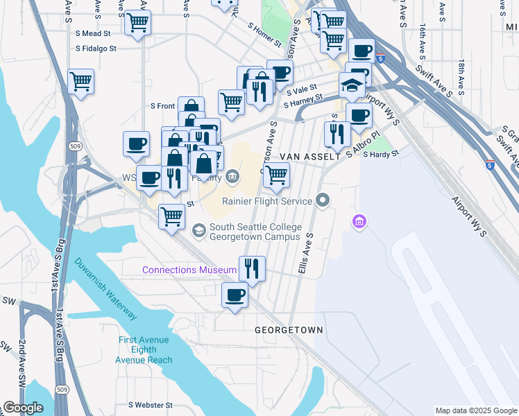 map of restaurants, bars, coffee shops, grocery stores, and more near 6612 Corson Avenue South in Seattle