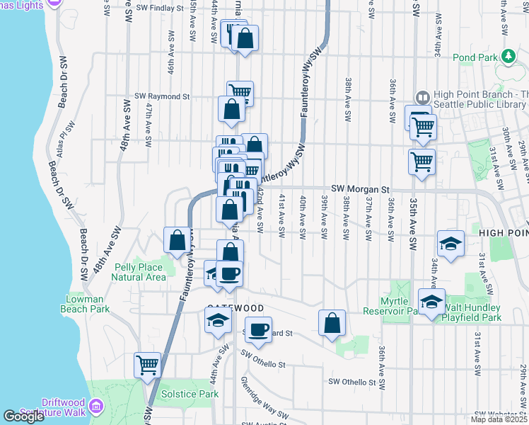 map of restaurants, bars, coffee shops, grocery stores, and more near 6527 41st Avenue Southwest in Seattle