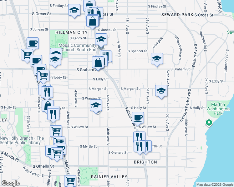 map of restaurants, bars, coffee shops, grocery stores, and more near 6511 Rainier Avenue South in Seattle