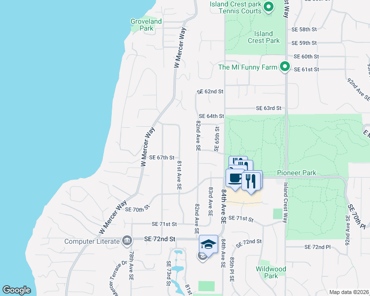 map of restaurants, bars, coffee shops, grocery stores, and more near 6550 81st Avenue Southeast in Mercer Island