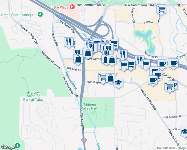 map of restaurants, bars, coffee shops, grocery stores, and more near 1575 Northwest Mall Street in Issaquah