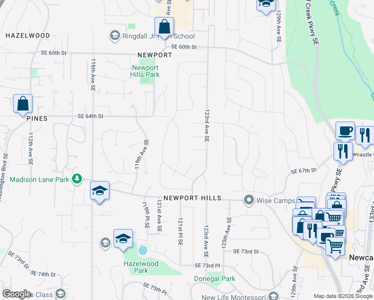 map of restaurants, bars, coffee shops, grocery stores, and more near 6510 121st Place Southeast in Bellevue