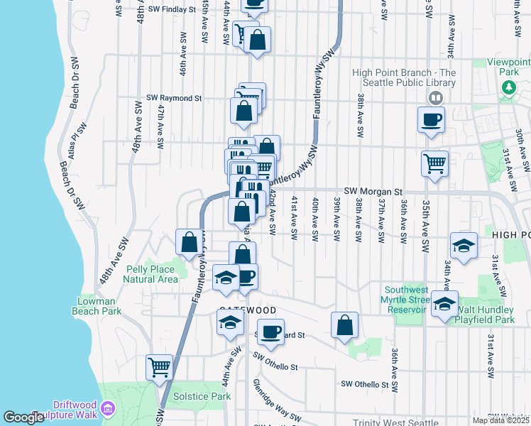 map of restaurants, bars, coffee shops, grocery stores, and more near 6531c Parshall Place Southwest in Seattle