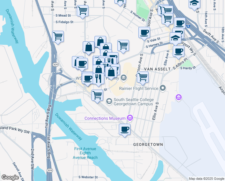 map of restaurants, bars, coffee shops, grocery stores, and more near 659-699 South River Street in Seattle