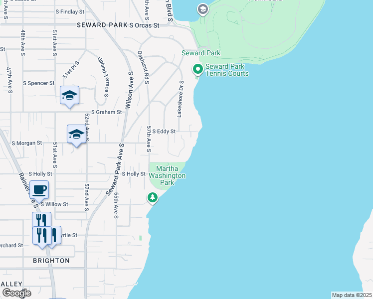 map of restaurants, bars, coffee shops, grocery stores, and more near 5770 South Oaklawn Place in Seattle