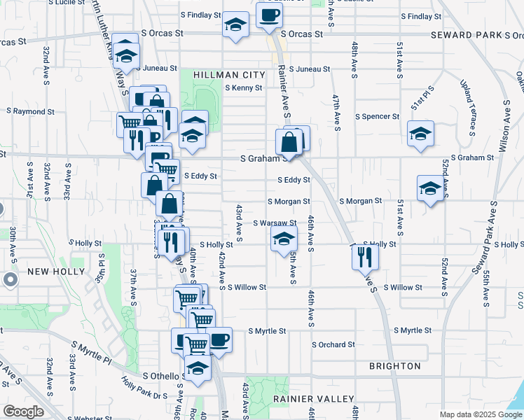 map of restaurants, bars, coffee shops, grocery stores, and more near 6511 44th Avenue South in Seattle