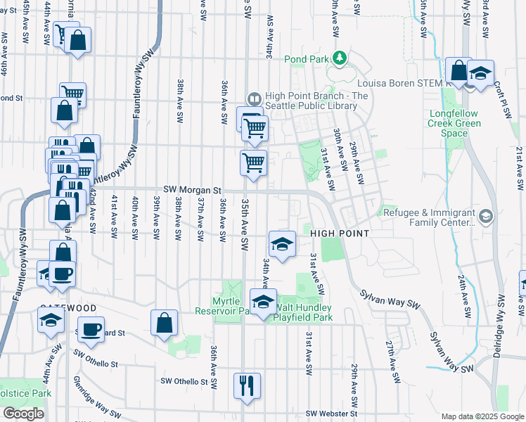 map of restaurants, bars, coffee shops, grocery stores, and more near 6520 35th Avenue Southwest in Seattle