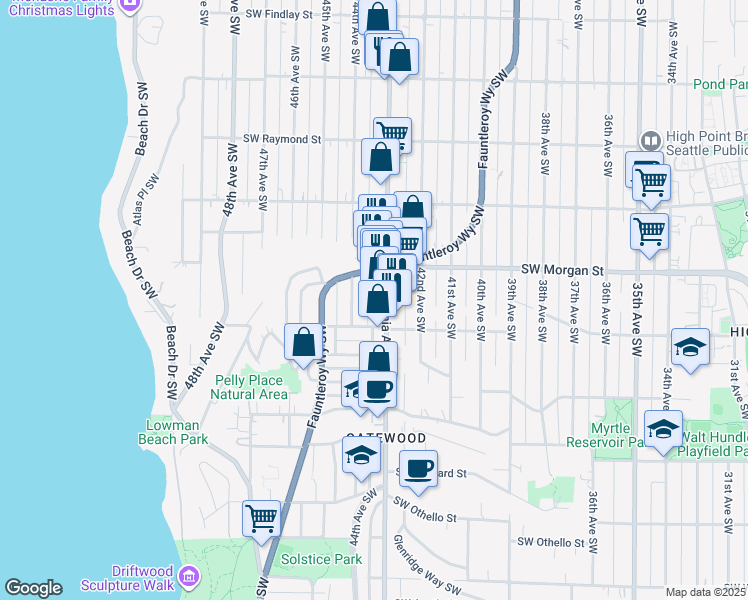 map of restaurants, bars, coffee shops, grocery stores, and more near 6520 44th Avenue Southwest in Seattle
