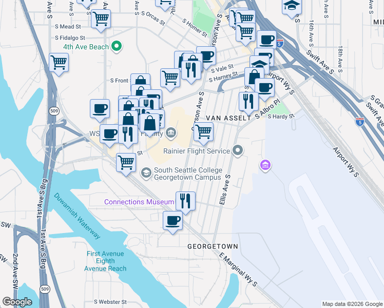 map of restaurants, bars, coffee shops, grocery stores, and more near 6616 Corson Avenue South in Seattle