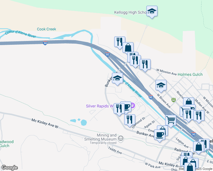 map of restaurants, bars, coffee shops, grocery stores, and more near 810 Bunker Avenue in Kellogg