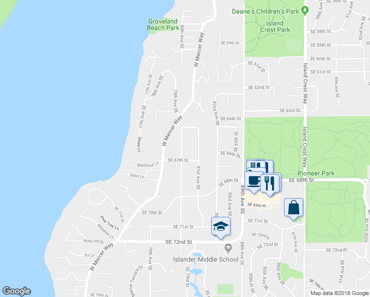 map of restaurants, bars, coffee shops, grocery stores, and more near 6536 80th Avenue Southeast in Mercer Island