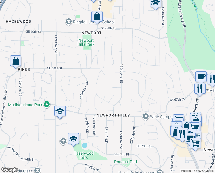 map of restaurants, bars, coffee shops, grocery stores, and more near 6510 121st Place Southeast in Bellevue