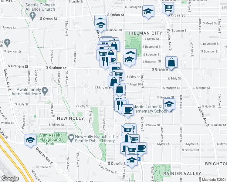 map of restaurants, bars, coffee shops, grocery stores, and more near 6511 38th Avenue South in Seattle