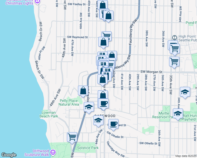 map of restaurants, bars, coffee shops, grocery stores, and more near 6520 44th Avenue Southwest in Seattle