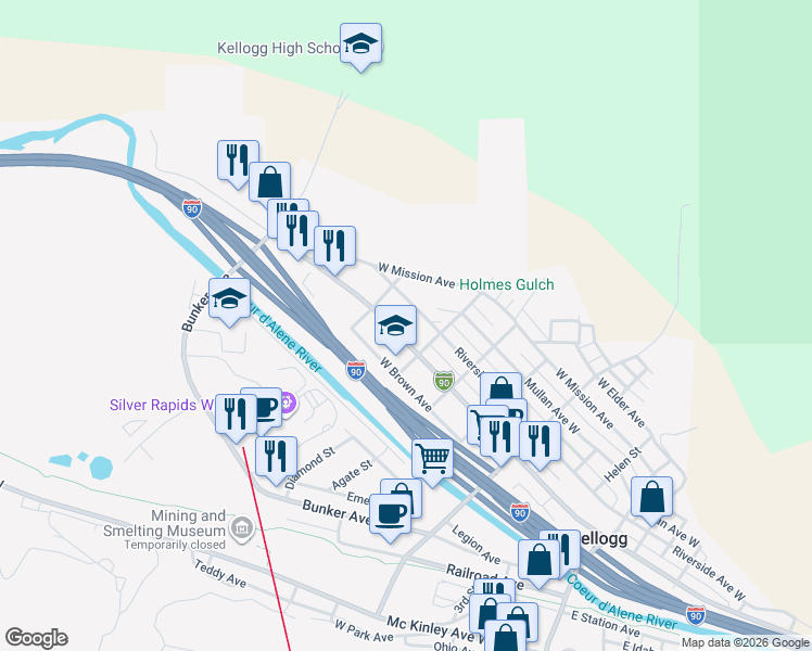 map of restaurants, bars, coffee shops, grocery stores, and more near 510 West Cameron Avenue in Kellogg