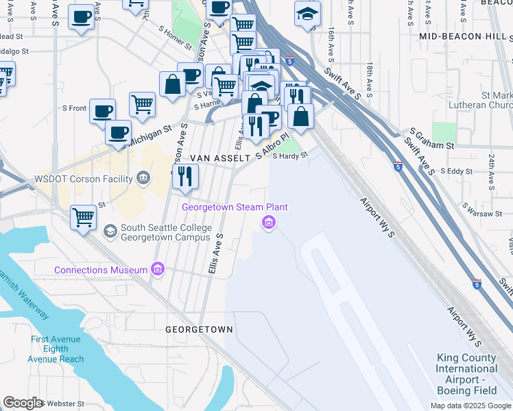 map of restaurants, bars, coffee shops, grocery stores, and more near 7277 Perimeter Road South in Seattle