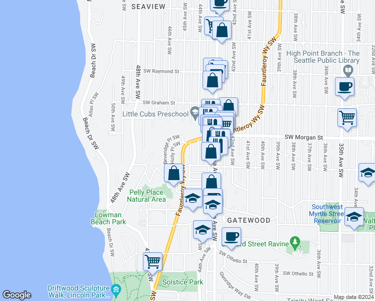 map of restaurants, bars, coffee shops, grocery stores, and more near 6612 Fauntleroy Way Southwest in Seattle